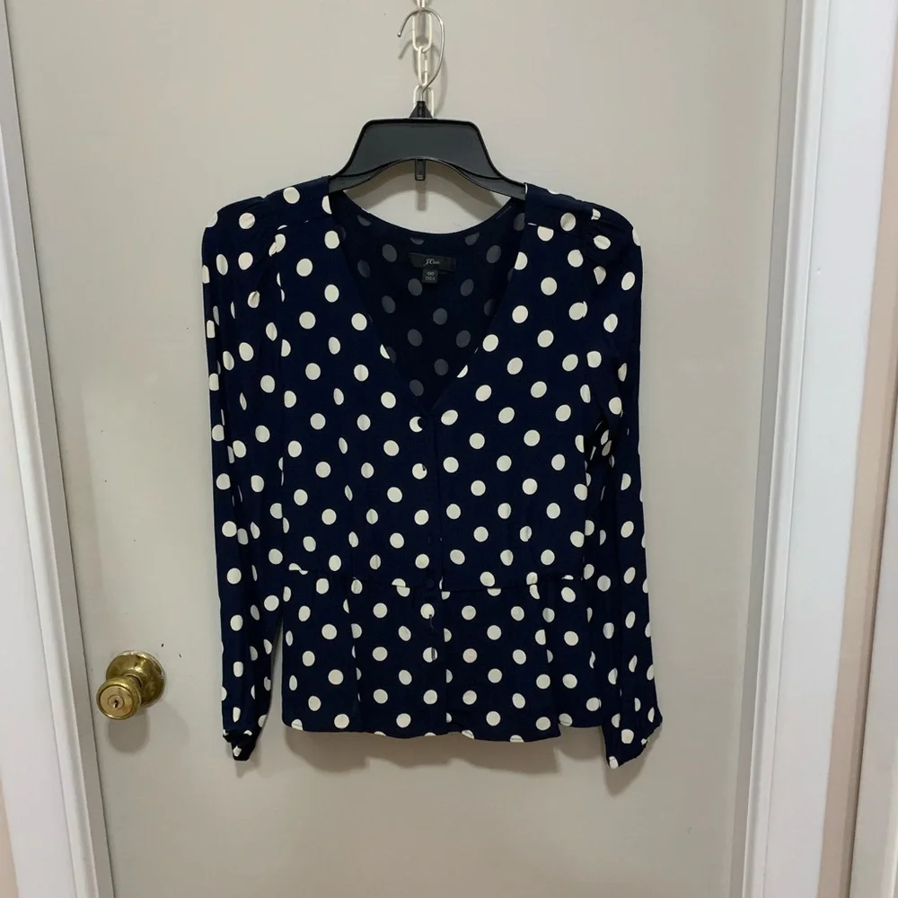 J. Crew Navy and White Polka Dot Blouse